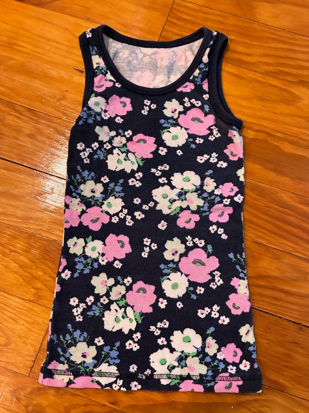 Cherokee Girls Floral Ribbed Tank Top Navy Blur with Pink and Cream Flowers 7/8